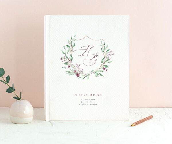 Rustic Emblem Wedding Guest Book front in Rose Pink