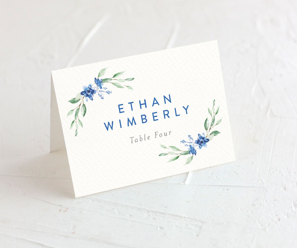 Rustic Emblem Place Cards front in Blue