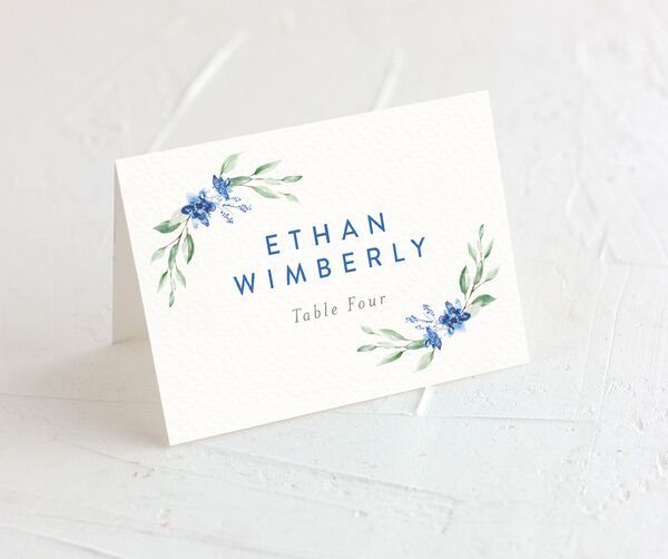 Rustic Emblem Place Cards front in Blue