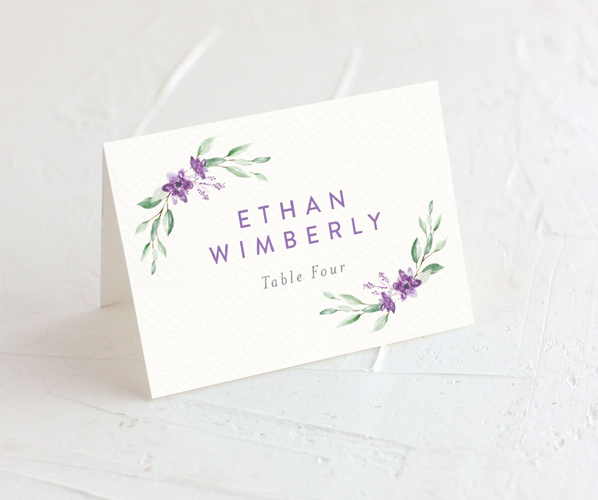 Rustic Emblem Place Cards front in Purple