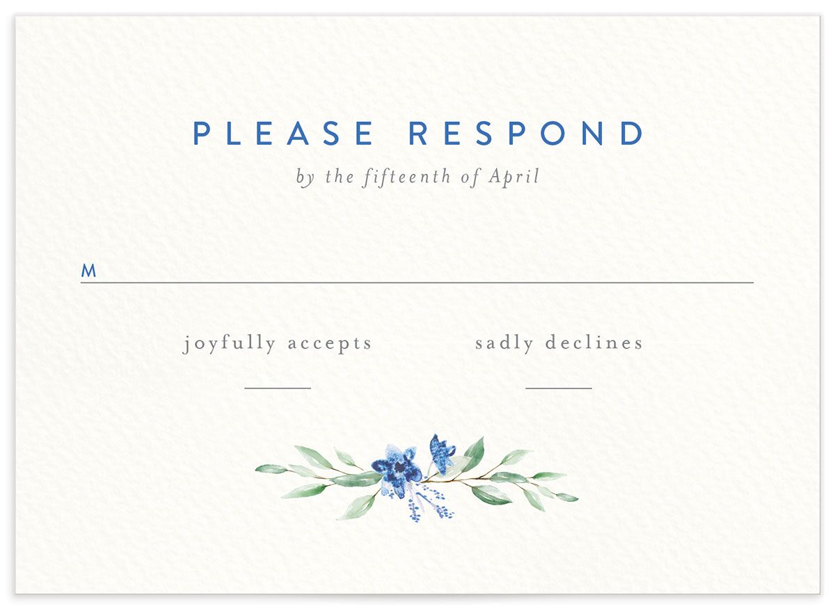 Rustic Emblem Wedding Response Cards front in Blue