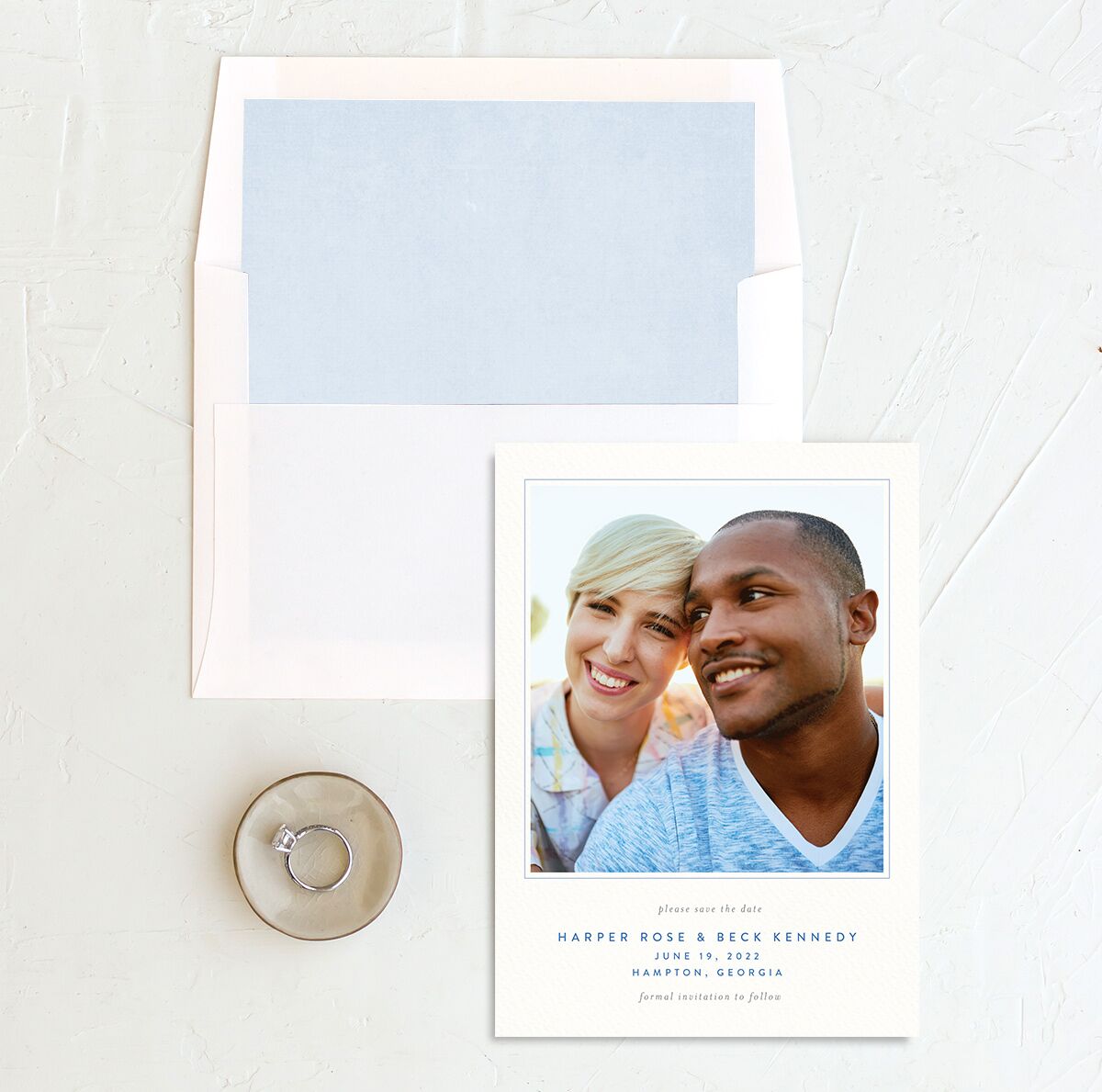 Rustic Emblem Save the Date Cards envelope-and-liner in Blue
