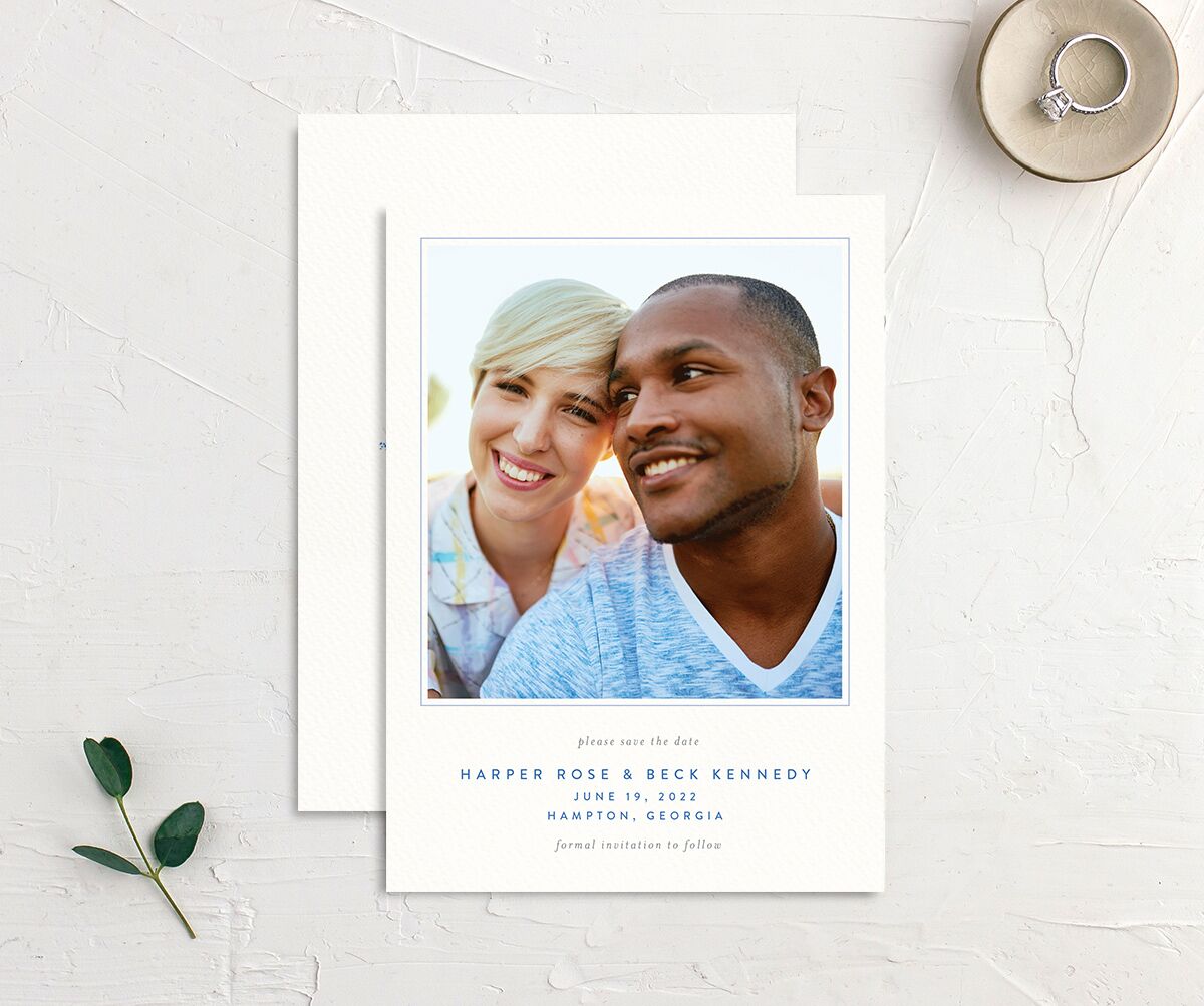 Rustic Emblem Save the Date Cards front-and-back in French Blue