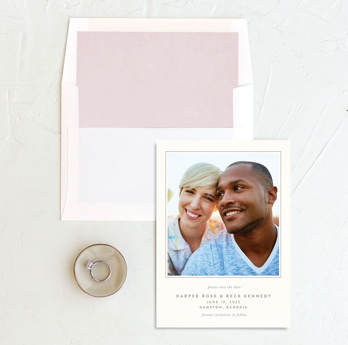 Rustic Emblem Save the Date Cards envelope-and-liner in Rose Pink