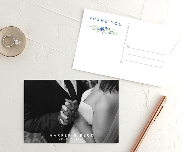 Rustic Emblem Thank You Postcards front-and-back in French Blue