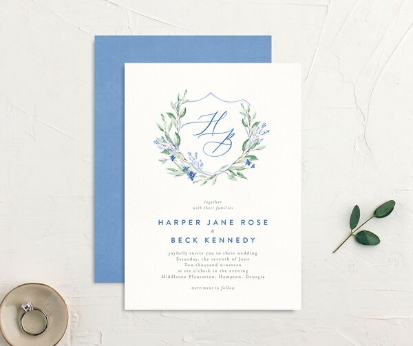 Rustic Emblem Wedding Invitations front-and-back in French Blue