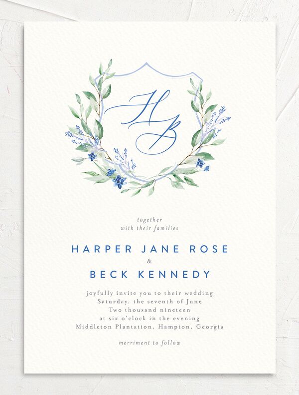 Rustic Emblem Wedding Invitations front in French Blue