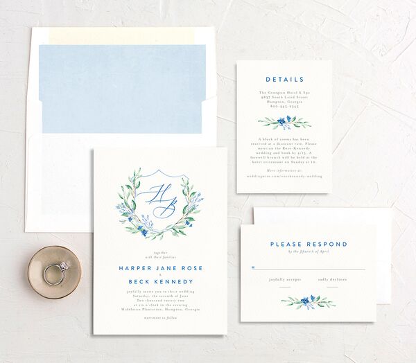 Rustic Emblem Wedding Invitations suite in French Blue