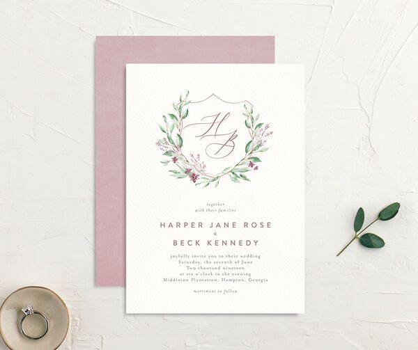 Rustic Emblem Wedding Invitations front-and-back in Rose Pink