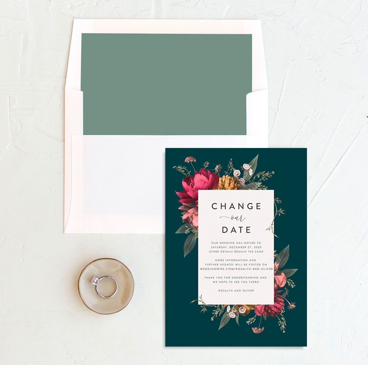 Classic Garden Change the Date Cards envelope-and-liner in Teal
