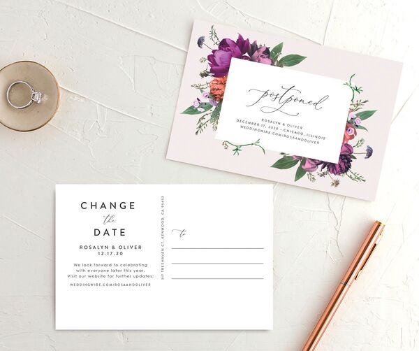 Classic Garden Change the Date Postcards front-and-back in Jewel Purple