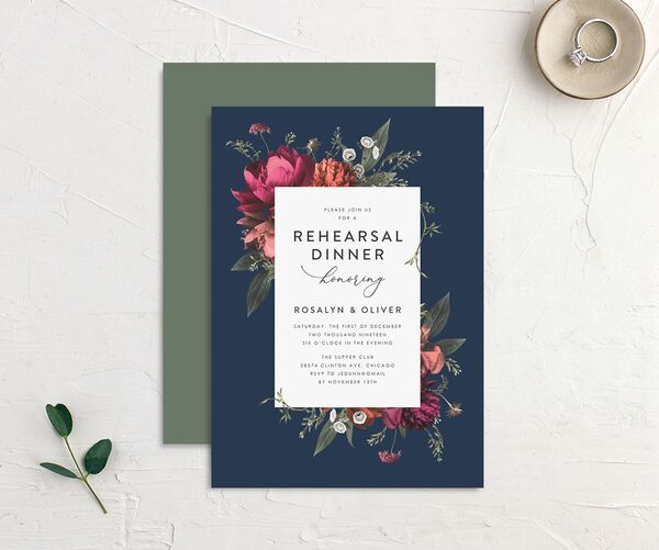 Classic Garden Rehearsal Dinner Invitations front-and-back in French Blue