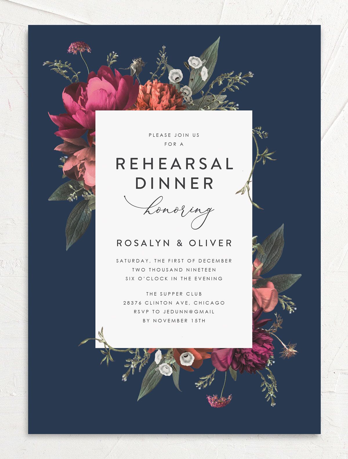 Classic Garden Rehearsal Dinner Invitations front in French Blue