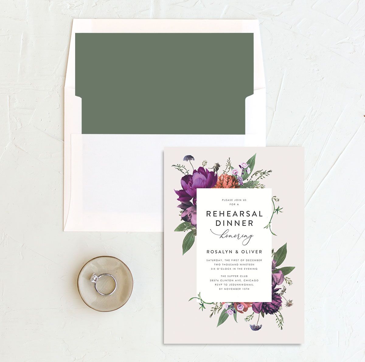 Classic Garden Rehearsal Dinner Invitations envelope-and-liner in Purple