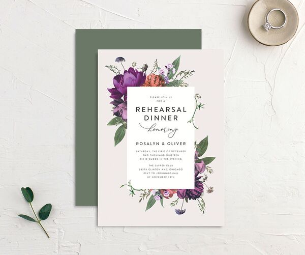 Classic Garden Rehearsal Dinner Invitations front-and-back in Purple