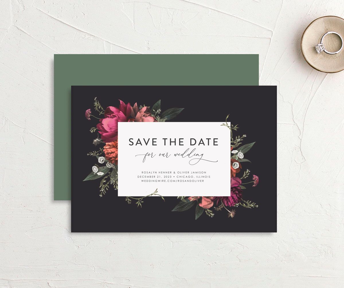 Classic Garden Save the Date Cards front-and-back in Midnight