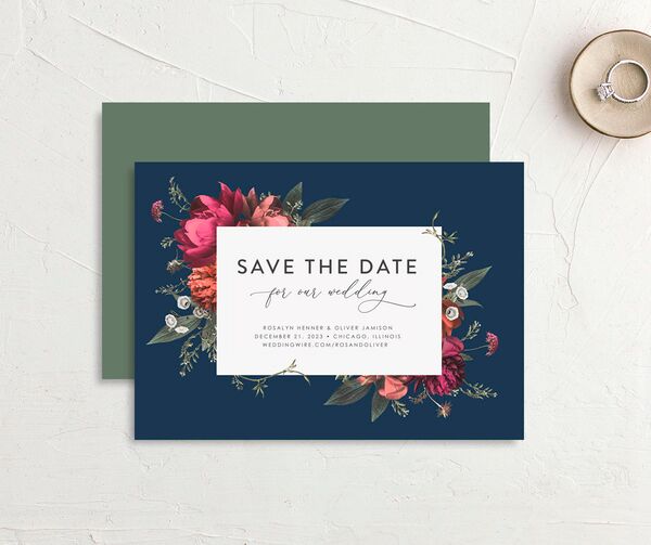 Classic Garden Save the Date Cards front-and-back in French Blue