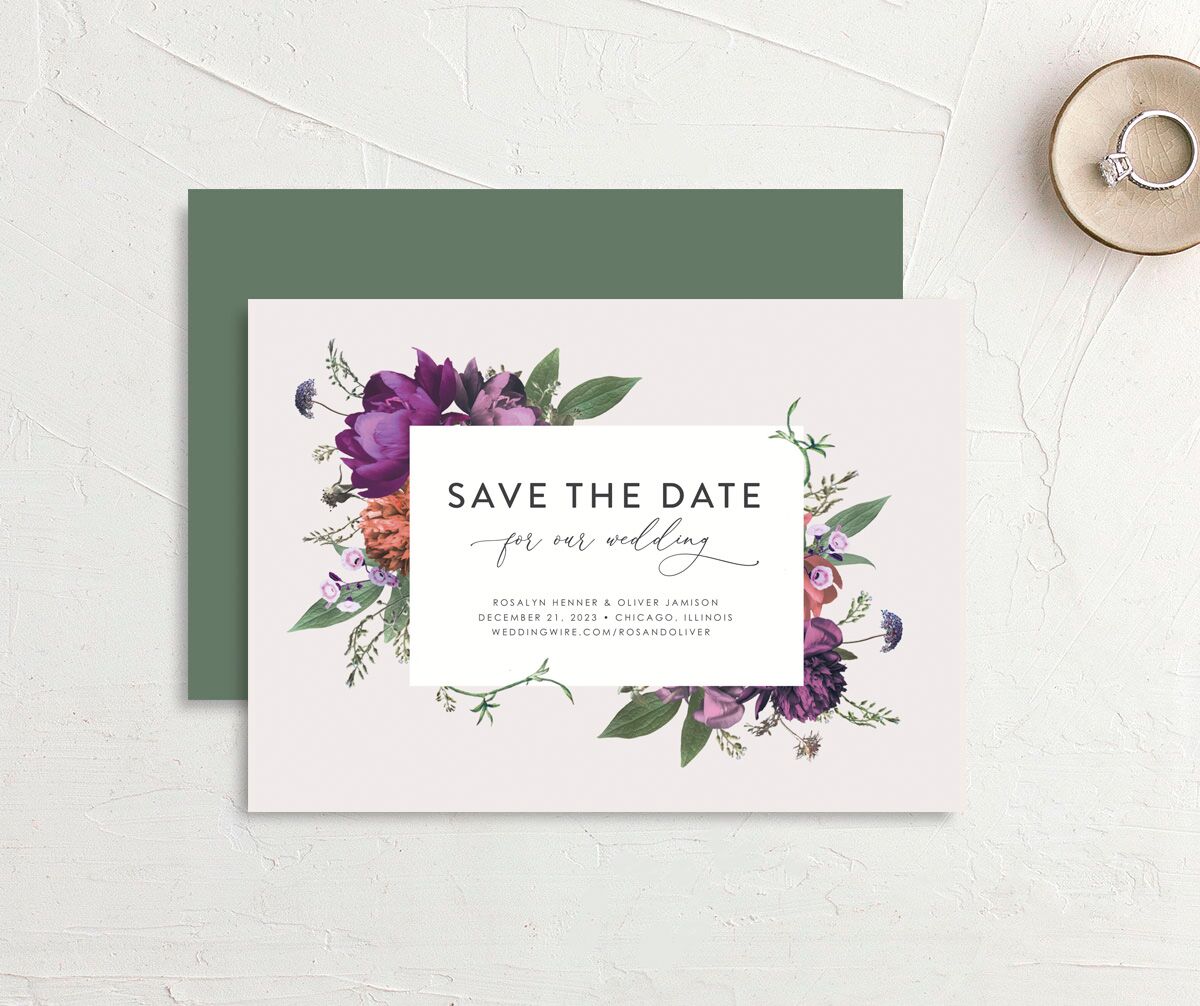 Classic Garden Save the Date Cards front-and-back in Jewel Purple