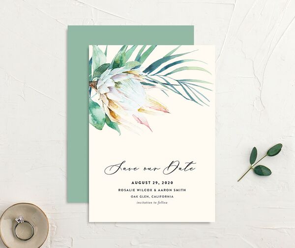 Lush Verdure Save the Date Cards front-and-back in Champagne