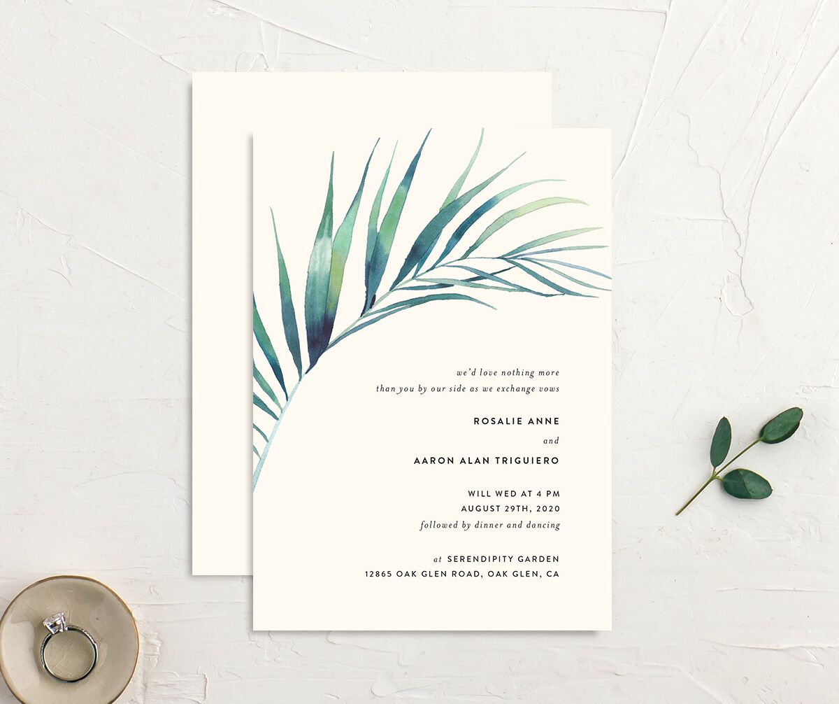 Lush Verdure Wedding Invitations front-and-back in Champagne