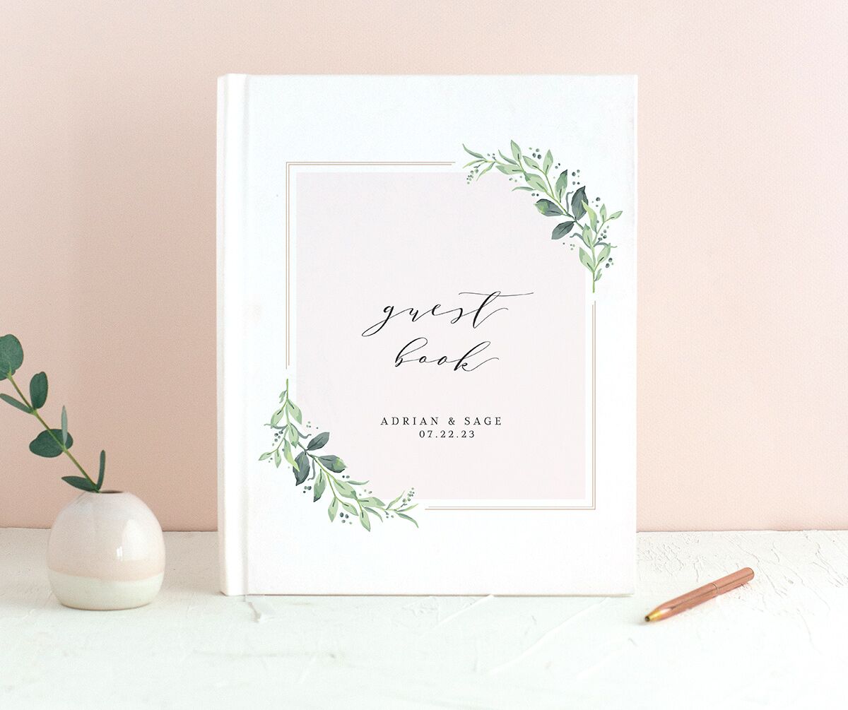 Lush Leaves Wedding Guest Book front in Rose Pink