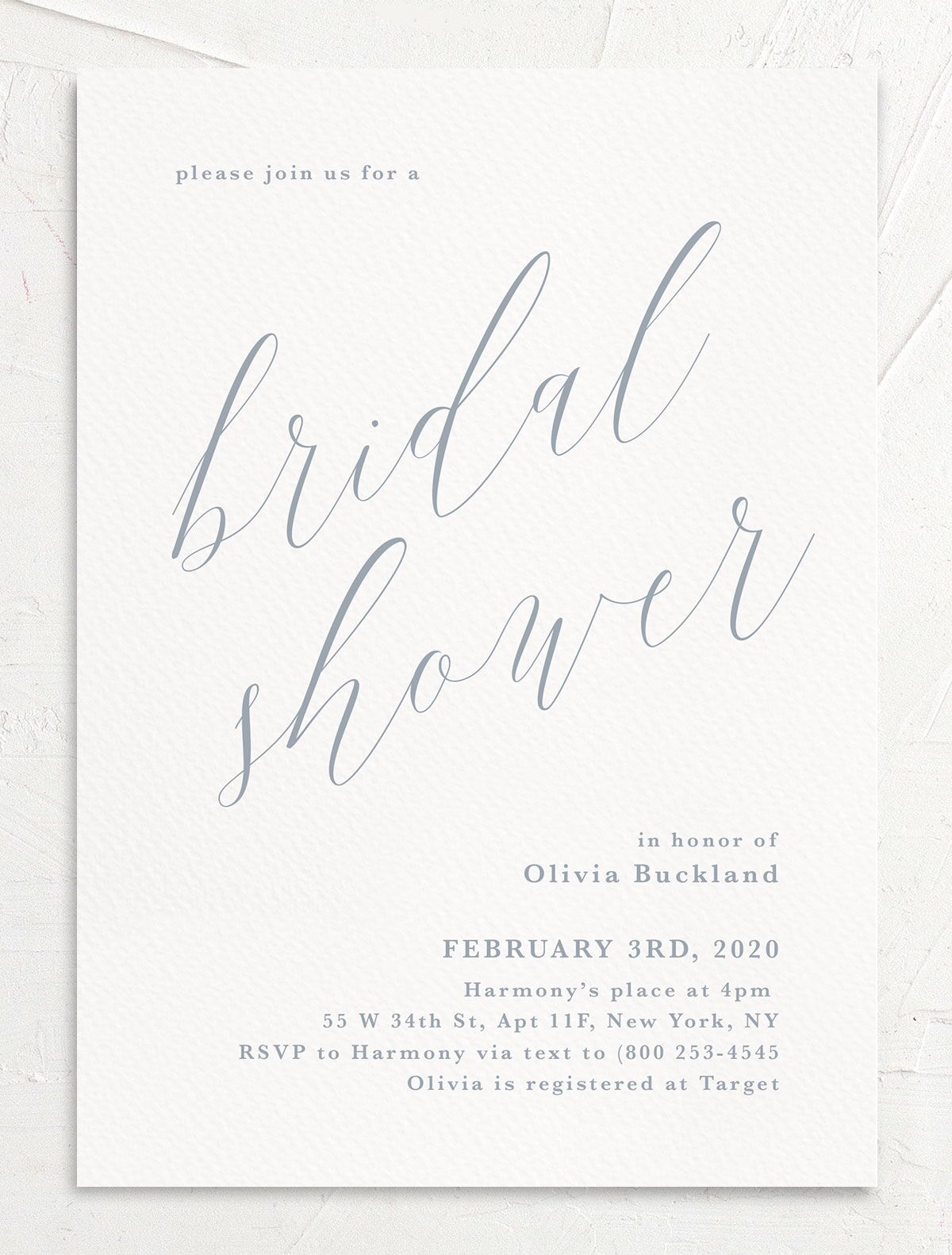 Minimalist Script Bridal Shower Invitations back in French Blue