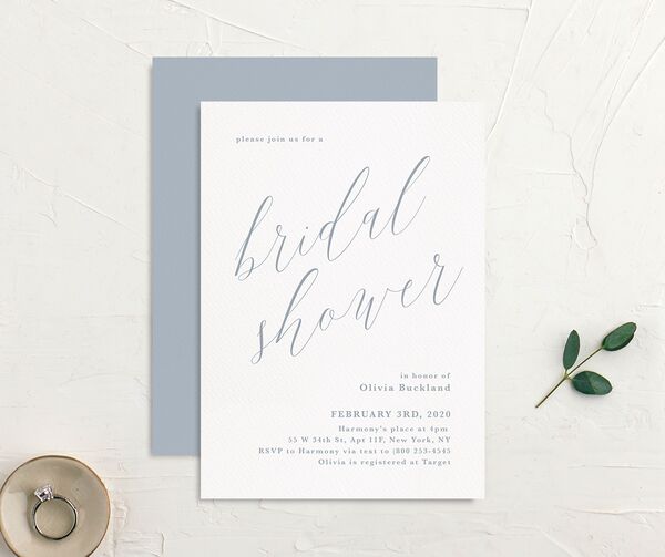 Minimalist Script Bridal Shower Invitations front-and-back in French Blue