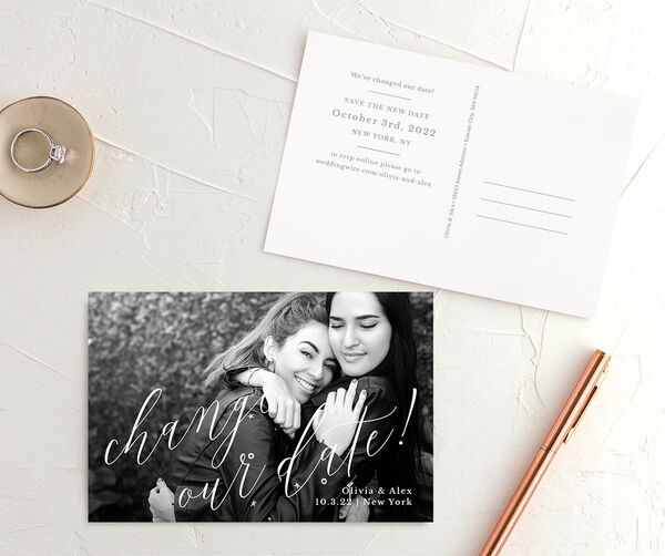 Minimalist Script Change the Date Postcards front-and-back in French Blue