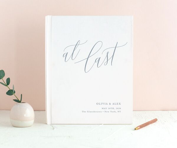 Minimalist Script Wedding Guest Book front in French Blue