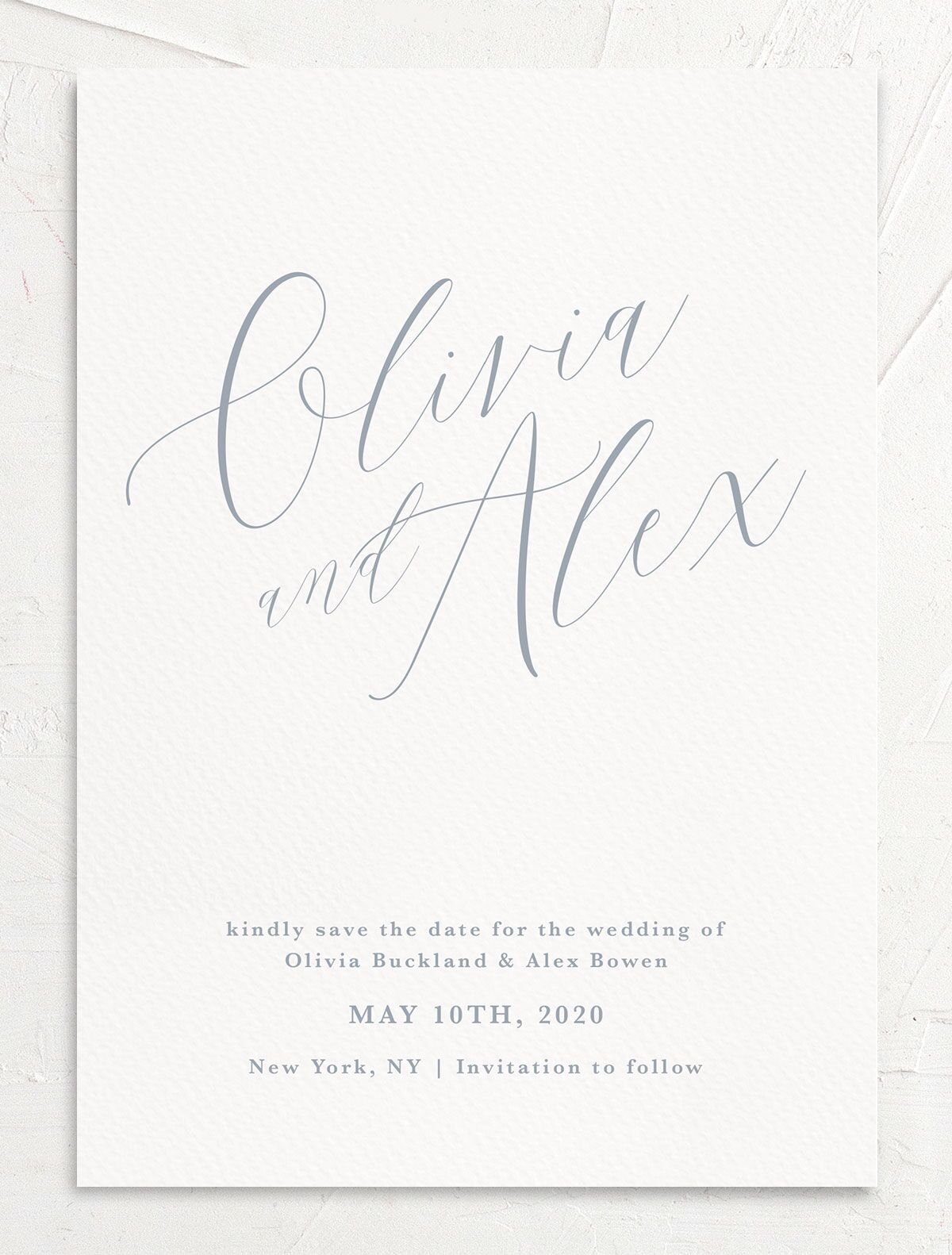Minimalist Script Save the Date Cards front in Blue