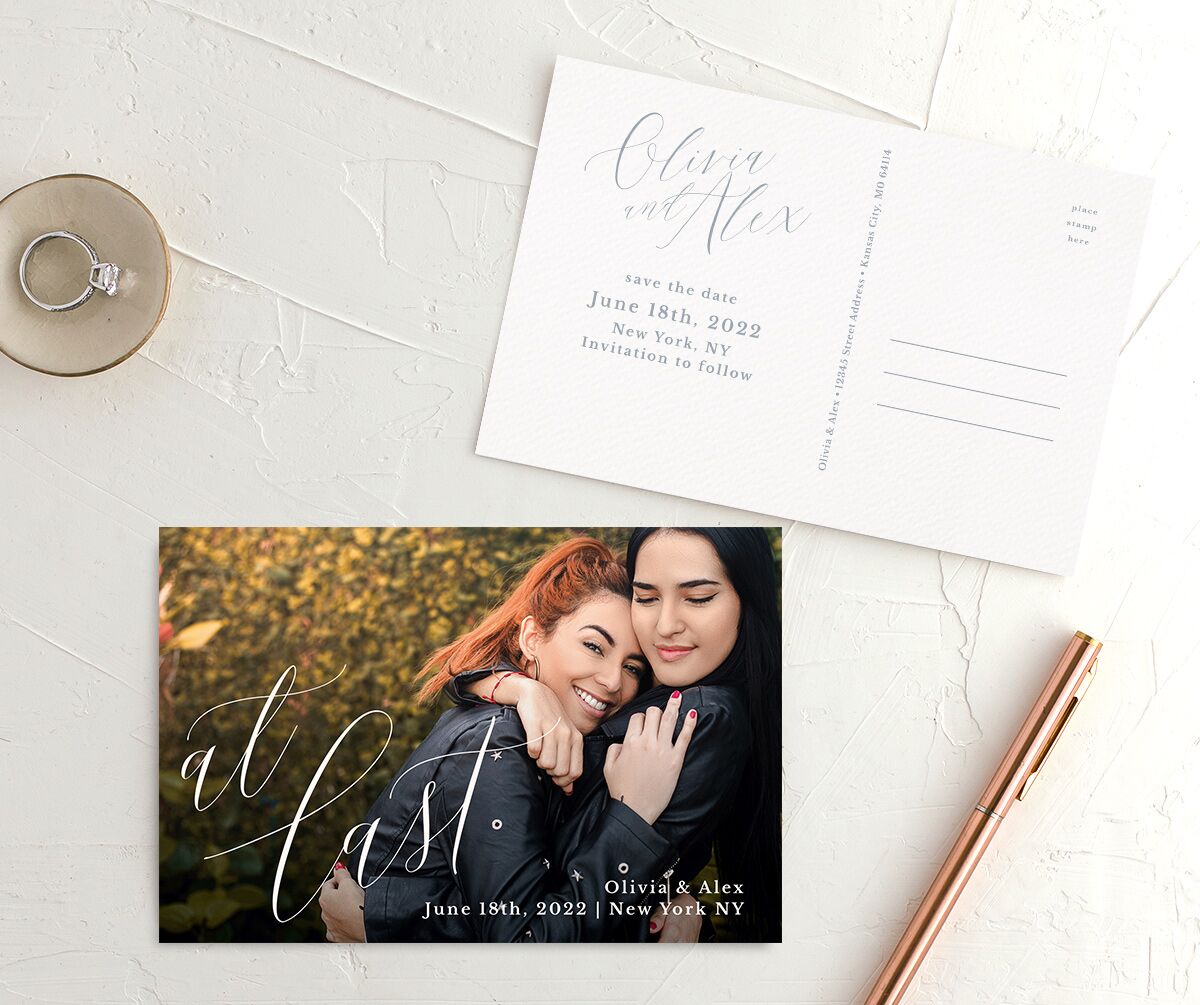 Minimalist Script Save the Date Postcards front-and-back in French Blue