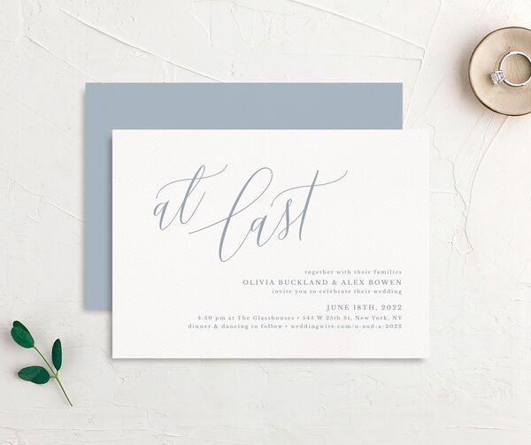 Minimalist Script Wedding Invitations front-and-back in French Blue