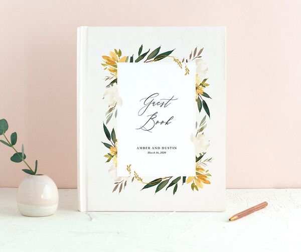 Watercolor Petals Wedding Guest Book front in Lemon