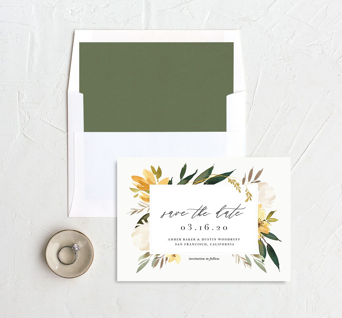 Watercolor Petals Save the Date Cards envelope-and-liner in Lemon
