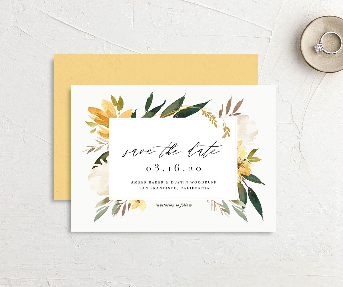Watercolor Petals Save the Date Cards front-and-back in Lemon