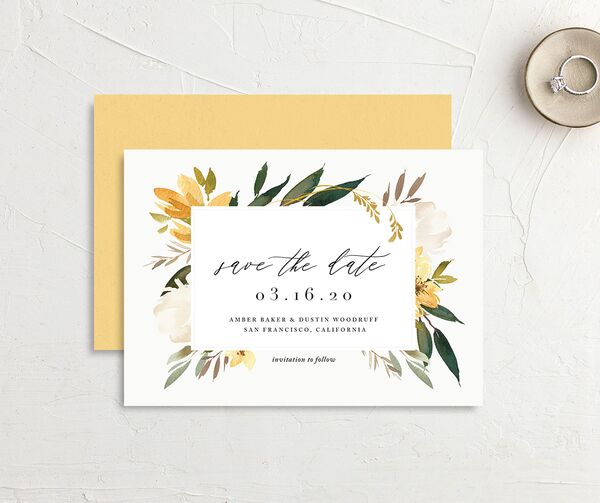 Watercolor Petals Save the Date Cards front-and-back in Lemon