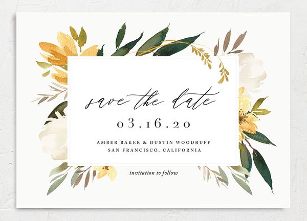 Watercolor Petals Save the Date Cards front in Lemon
