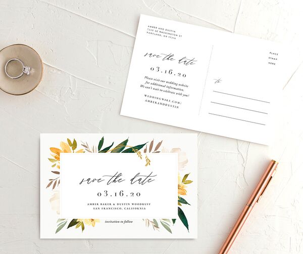 Watercolor Petals Save the Date Postcards front-and-back in Lemon