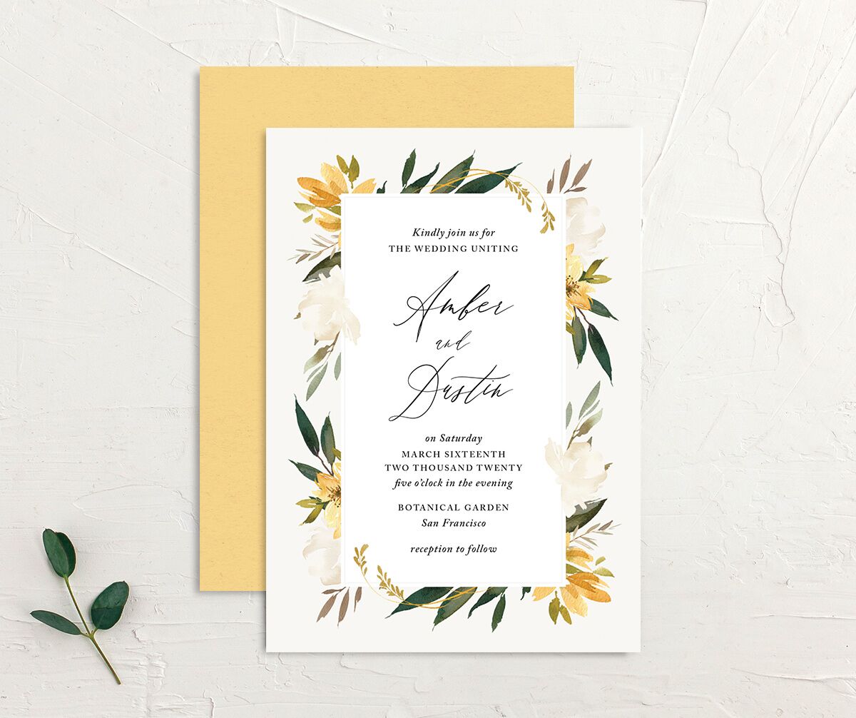 Watercolor Petals Wedding Invitations front-and-back in Lemon