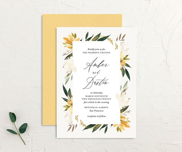 Watercolor Petals Wedding Invitations front-and-back in Lemon