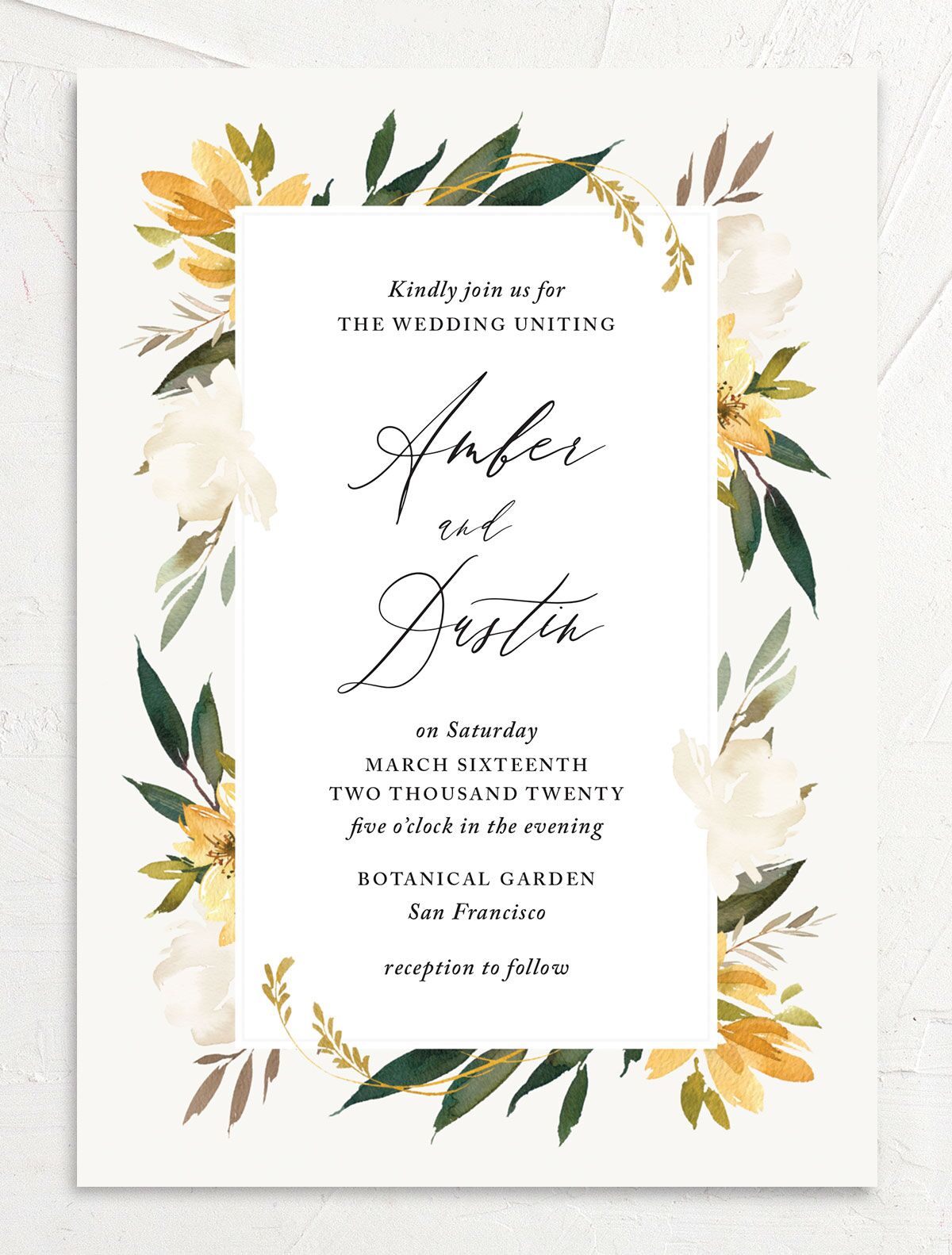 Watercolor Petals Wedding Invitations front in Lemon