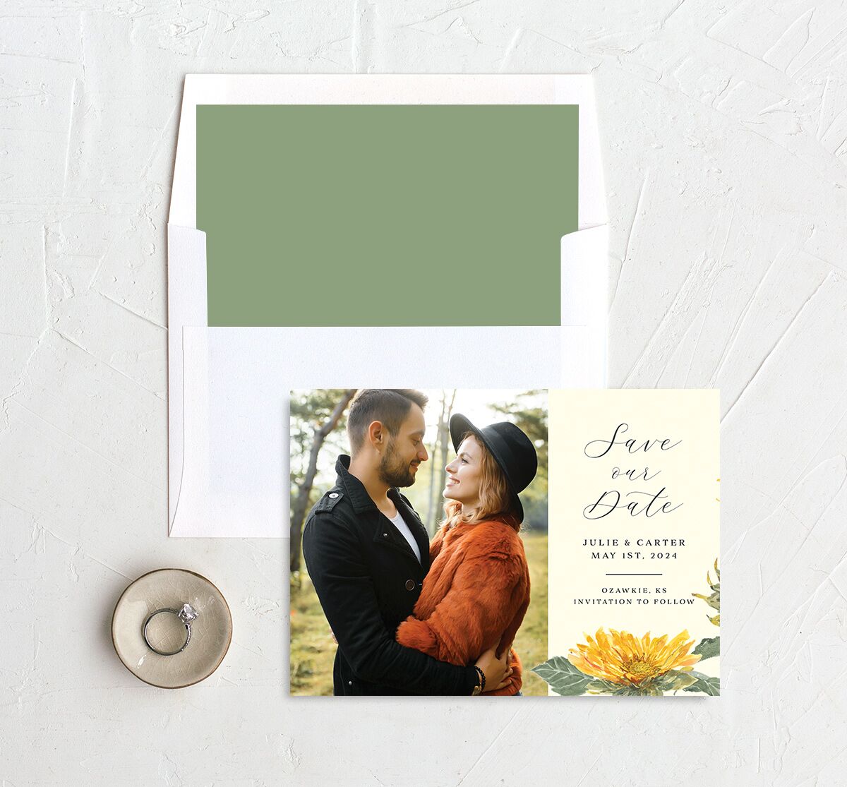 Rustic Floral Save the Date Cards envelope-and-liner in Lemon