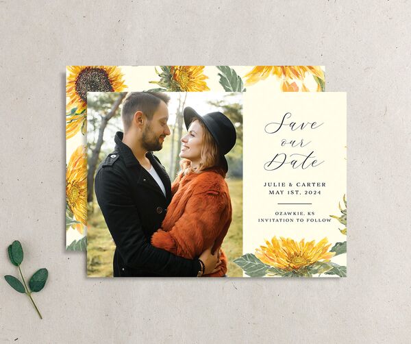 Rustic Floral Save the Date Cards front-and-back in Lemon