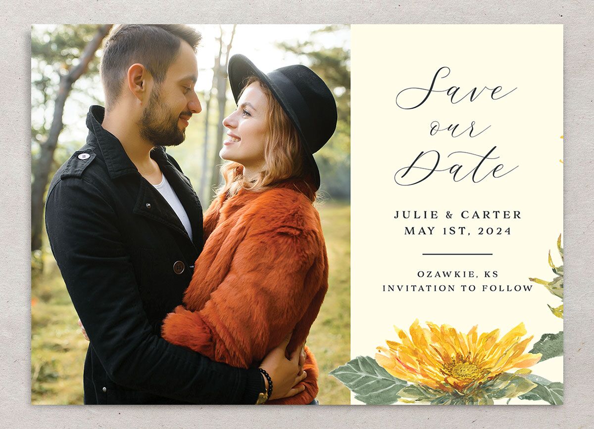 Rustic Floral Save the Date Cards front in Lemon