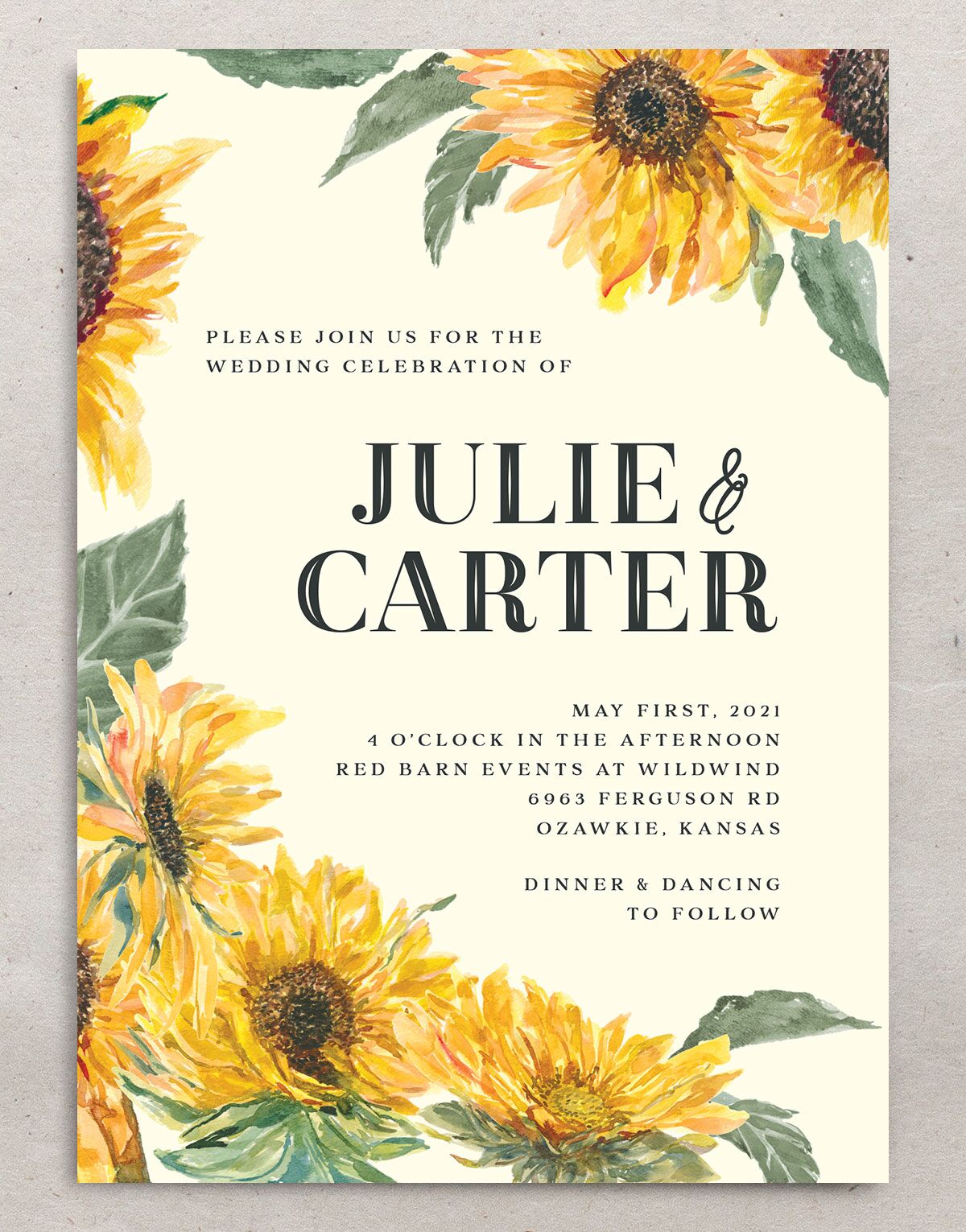 Rustic Floral Wedding Invitations front in Lemon