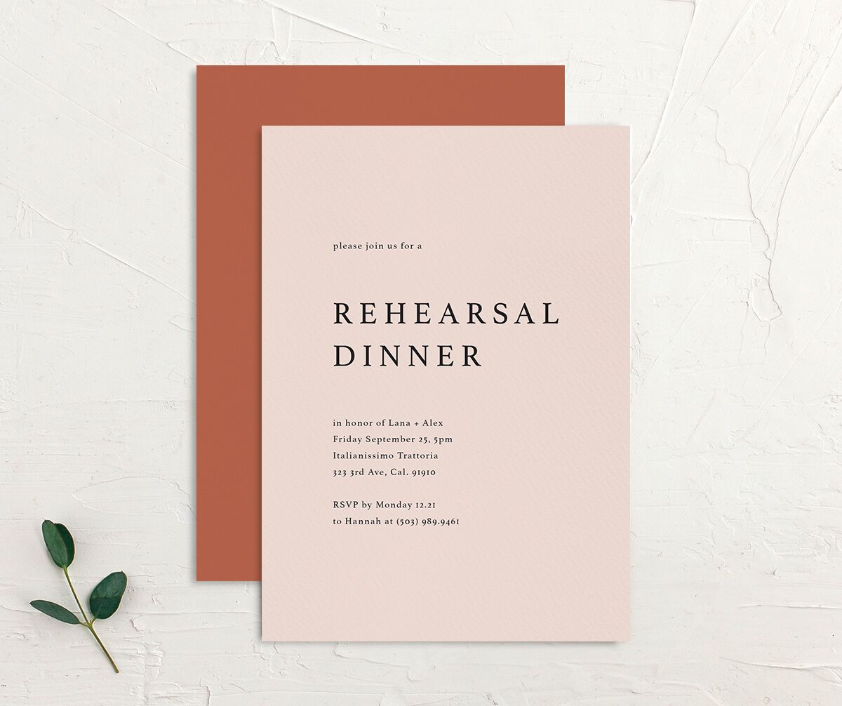 Modern Chic Rehearsal Dinner Invitations front-and-back in Rose Pink