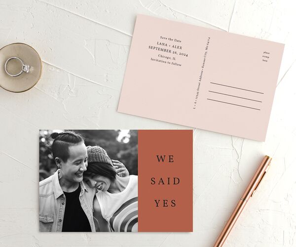 Modern Chic Save the Date Postcards front-and-back in Rose Pink