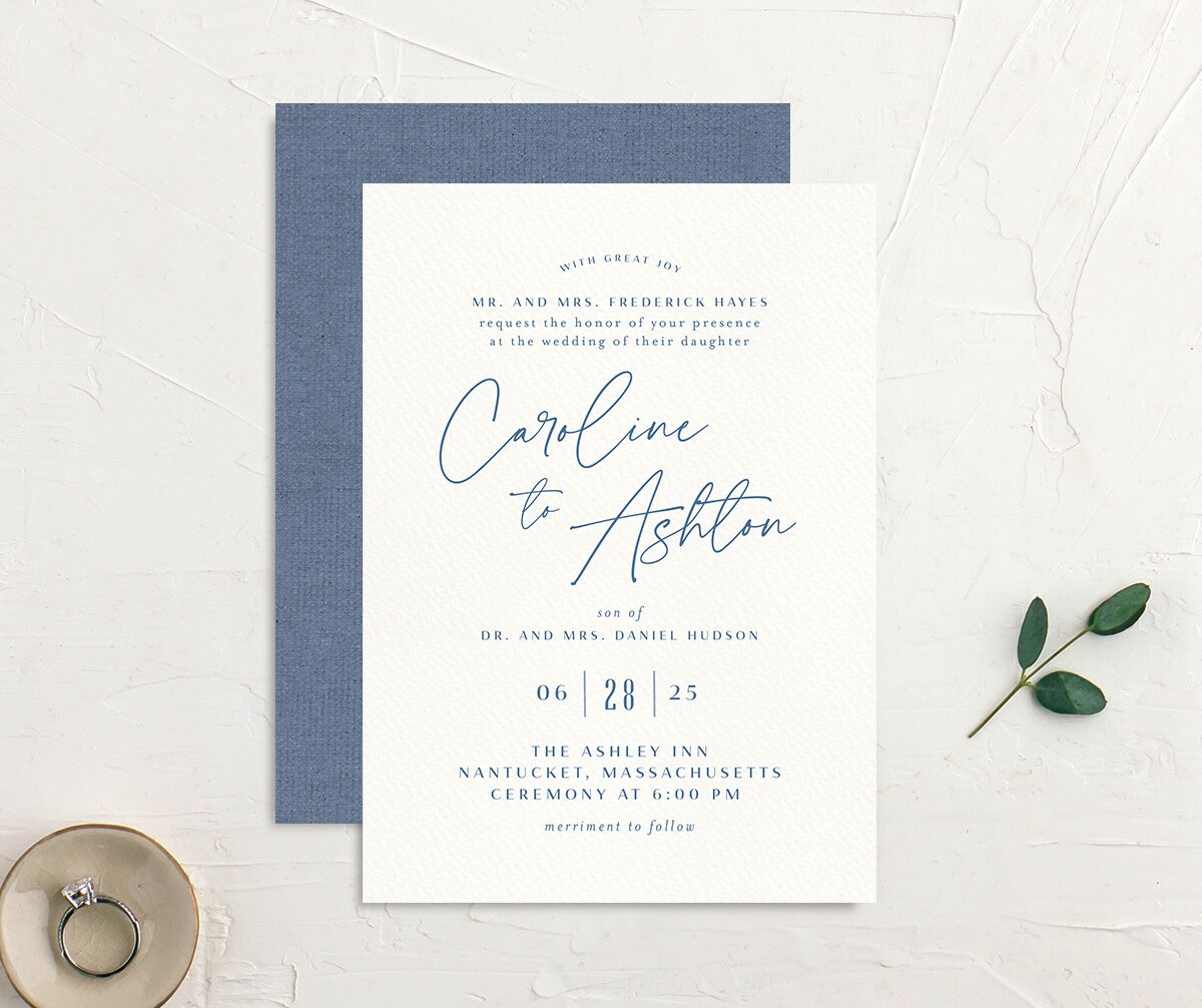 Watercolor Coast Wedding Invitations front-and-back in Blue