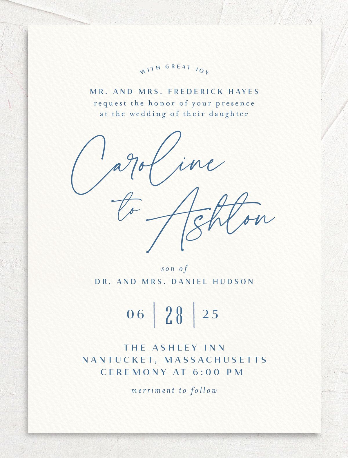 Watercolor Coast Wedding Invitations front in French Blue