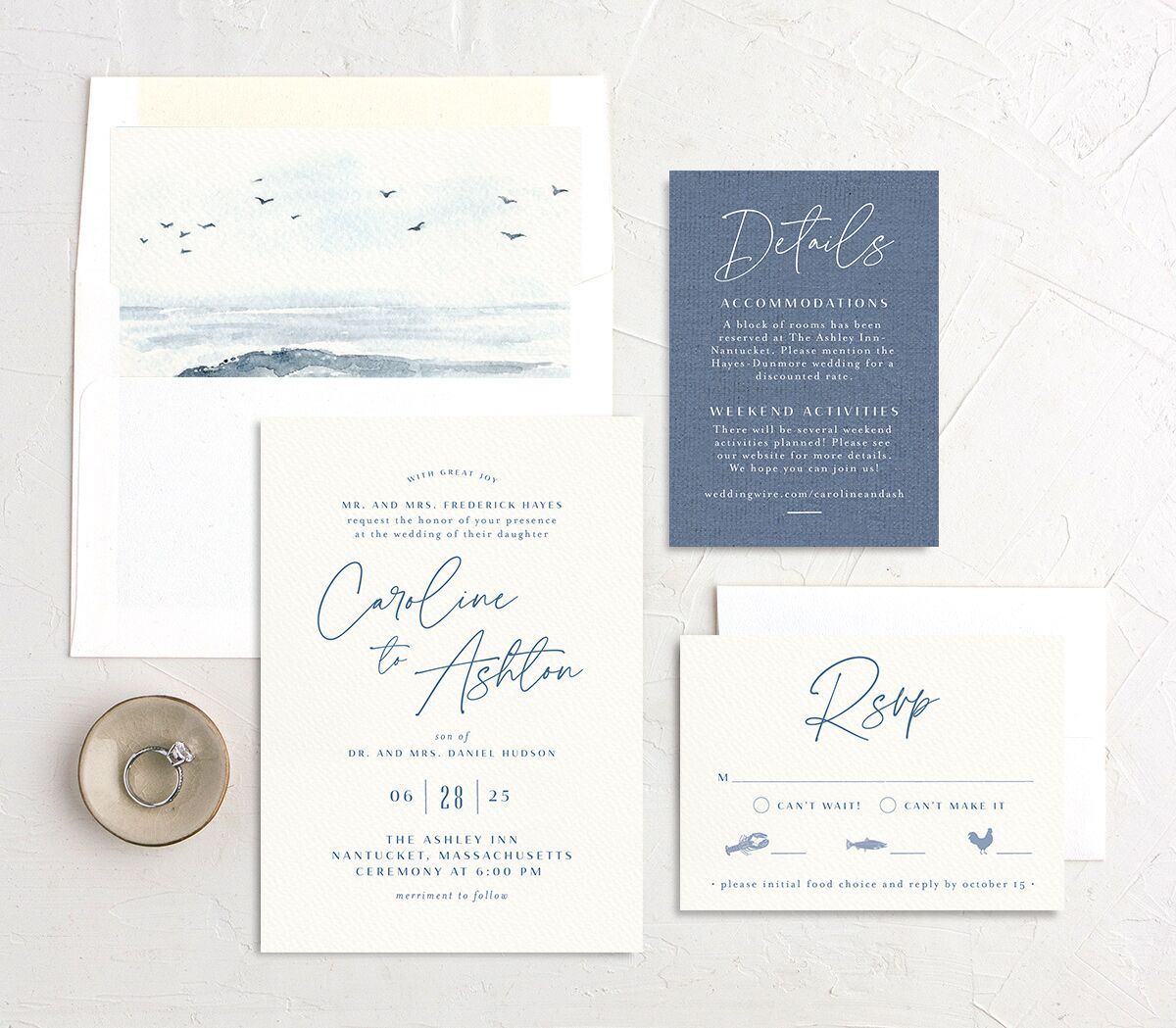Watercolor Coast Wedding Invitations suite in French Blue